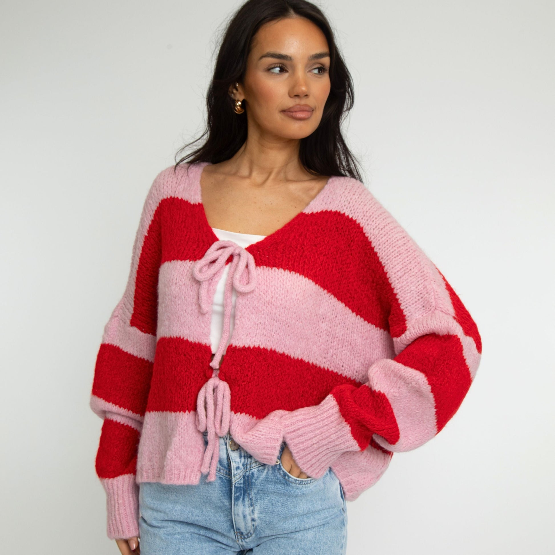 Gestreifter V-Ausschnitt Schleifen Cardigan 0