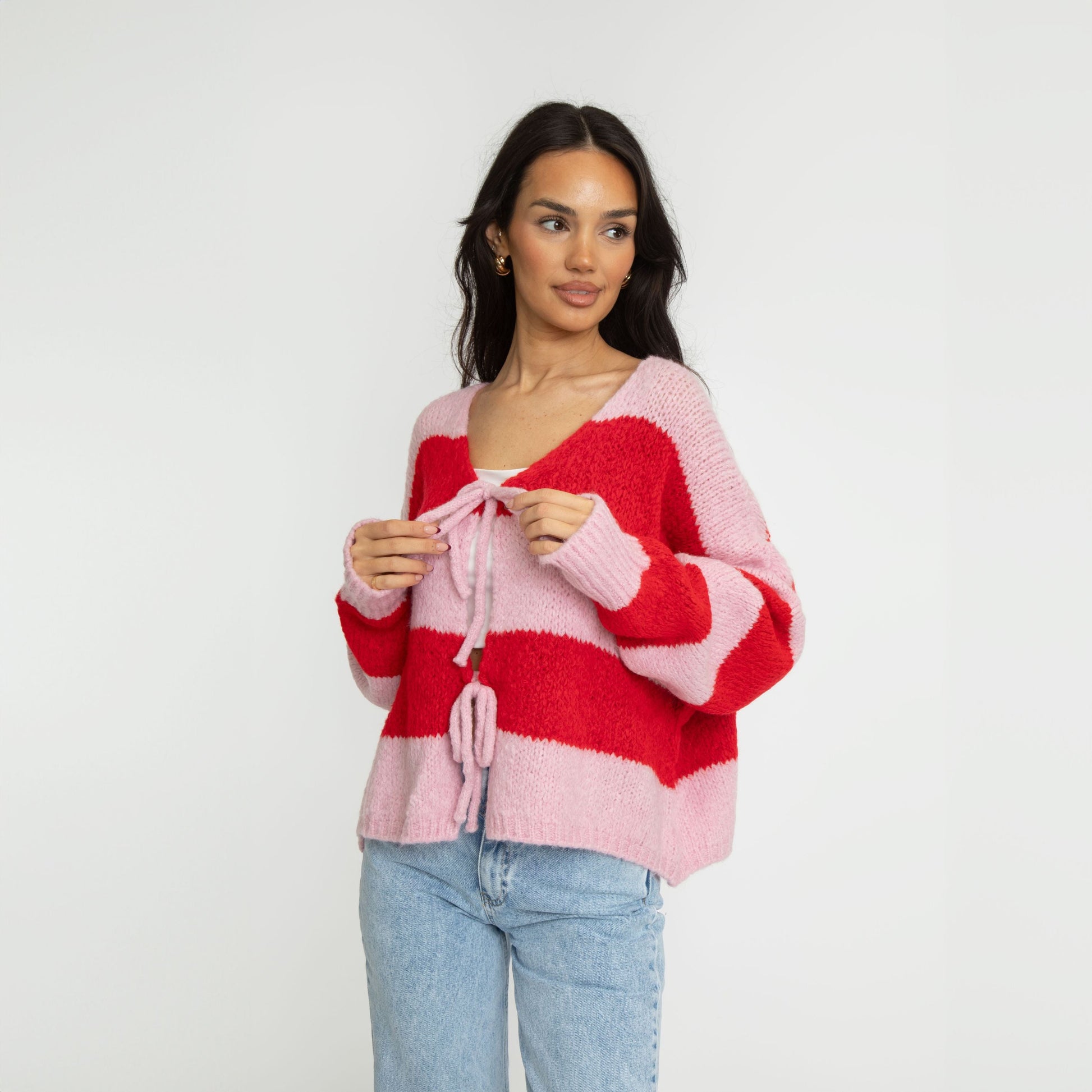 Gestreifter V-Ausschnitt Schleifen Cardigan 1