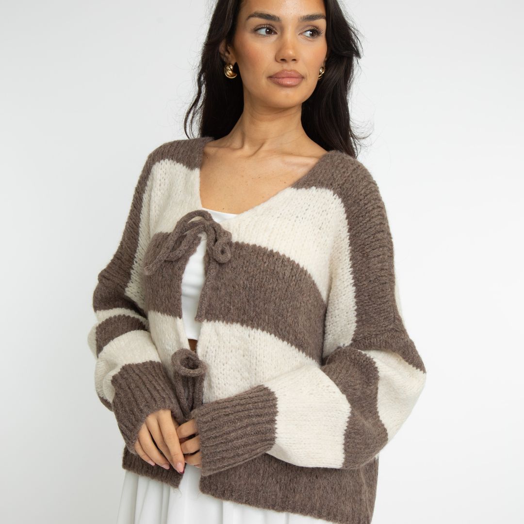 Gestreifter V-Ausschnitt Schleifen Cardigan 10