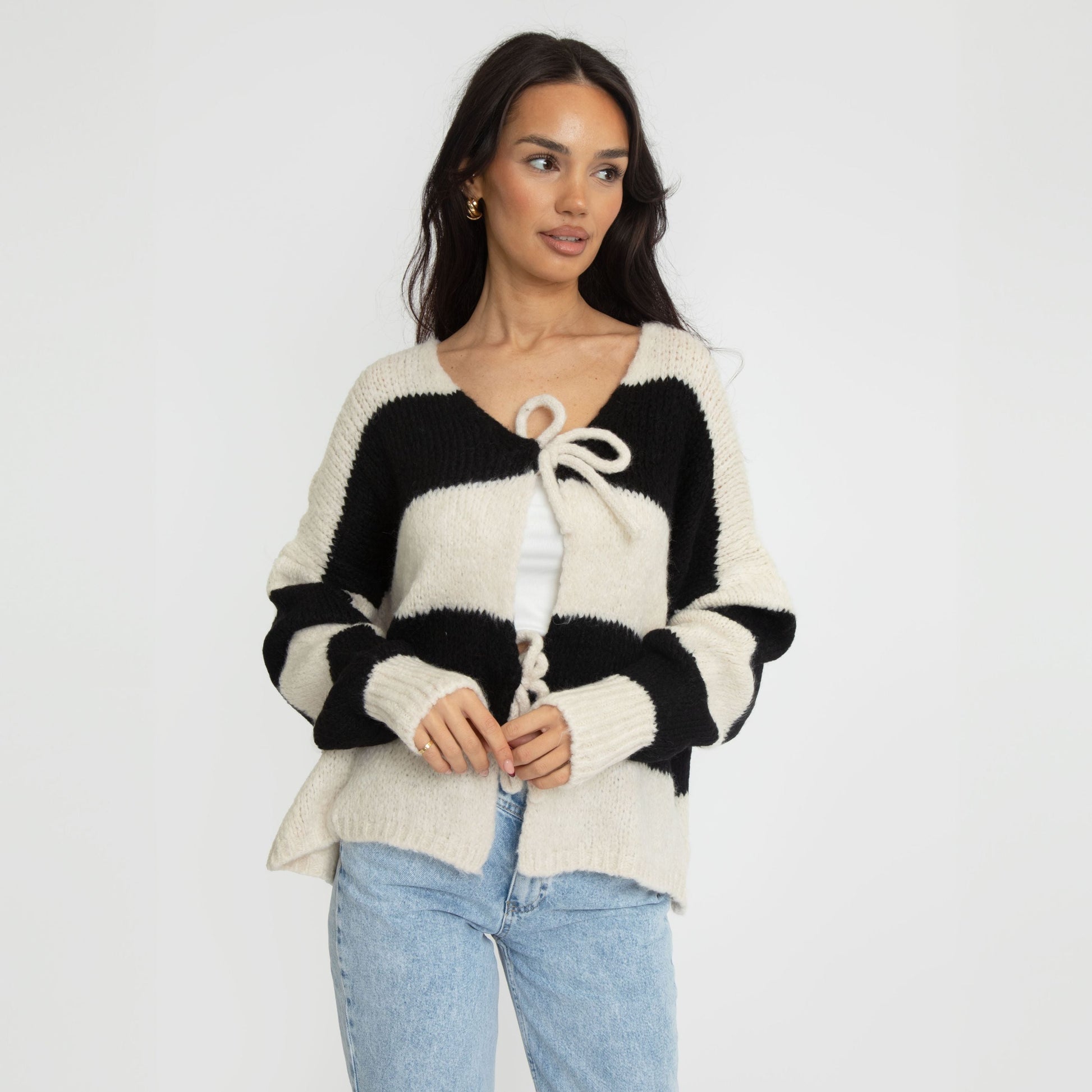 Gestreifter V-Ausschnitt Schleifen Cardigan 12