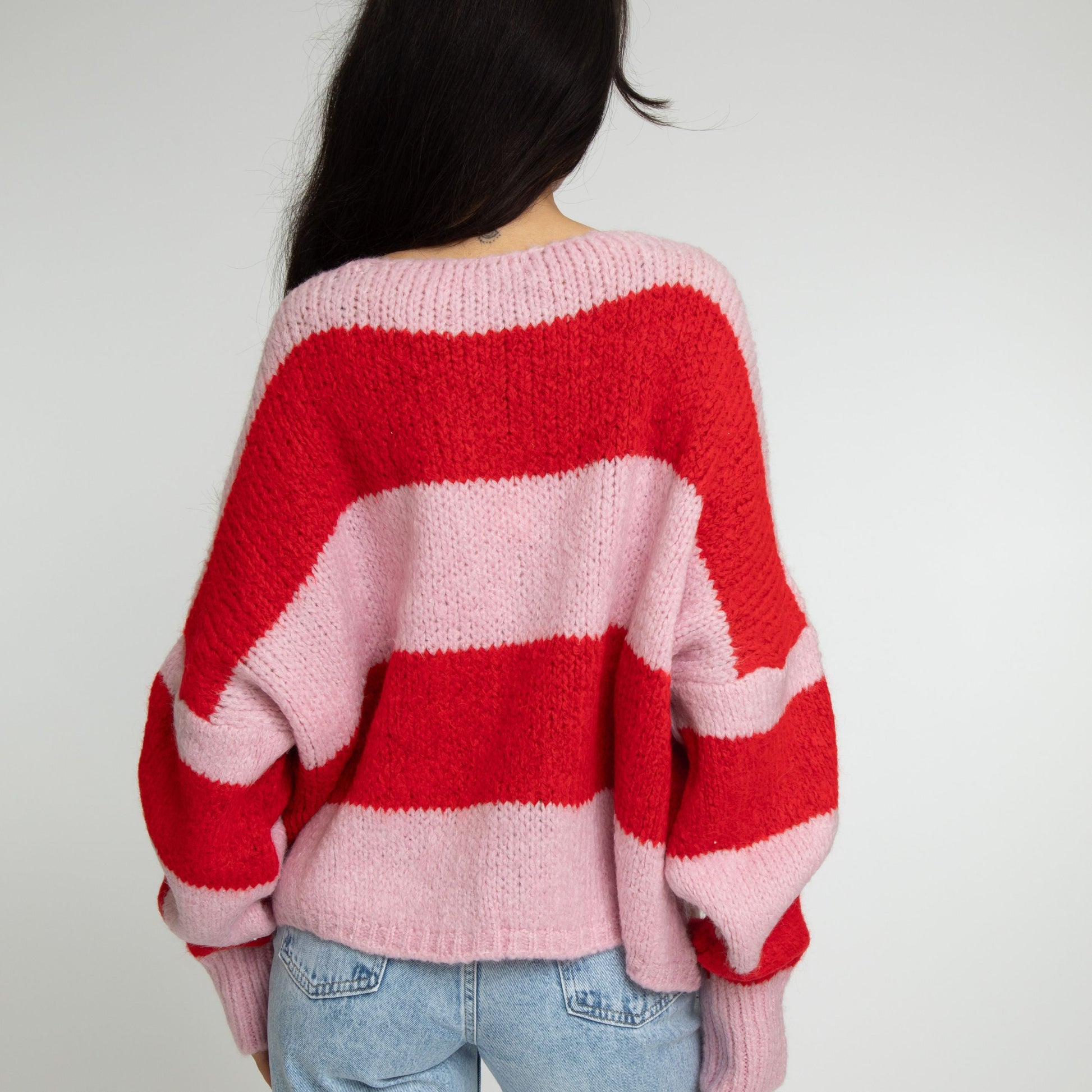 Gestreifter V-Ausschnitt Schleifen Cardigan 2