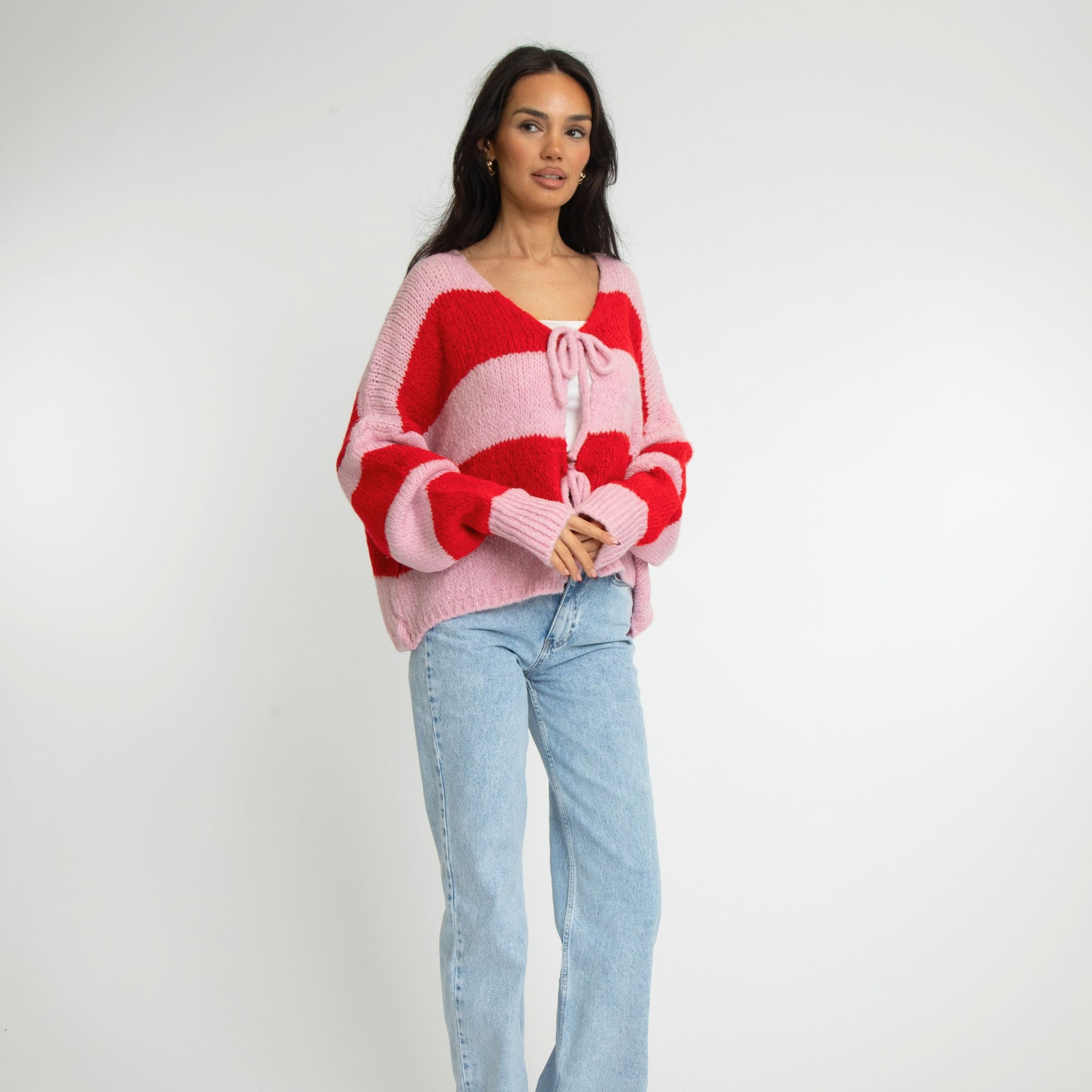 Gestreifter V-Ausschnitt Schleifen Cardigan 3