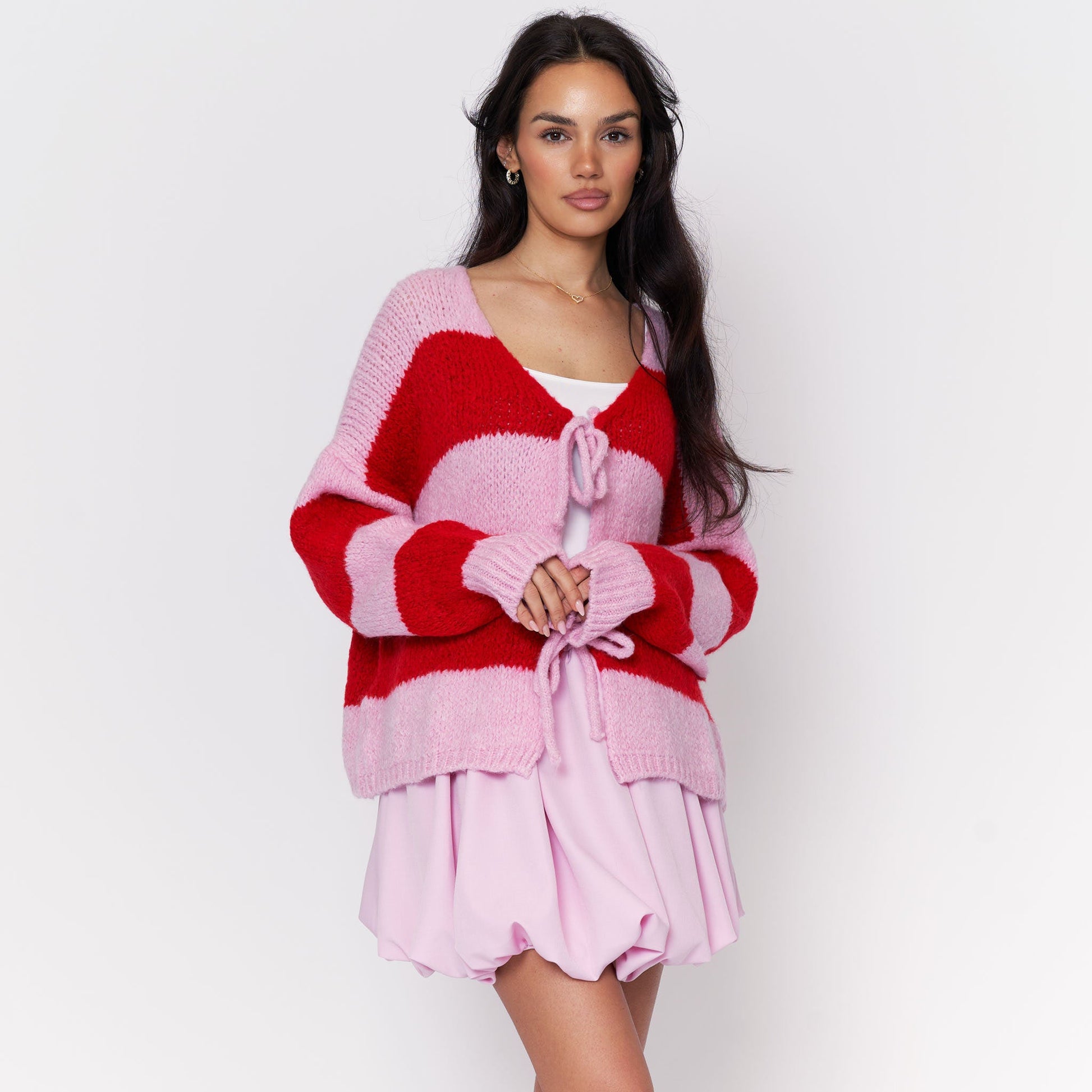 Gestreifter V-Ausschnitt Schleifen Cardigan 4