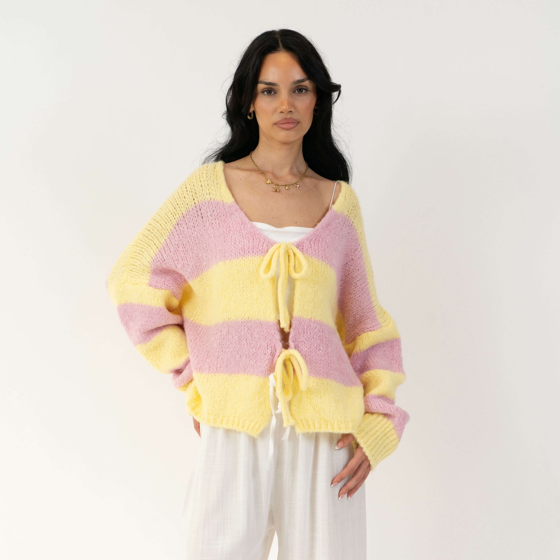 Gestreifter V-Ausschnitt Schleifen Cardigan 5