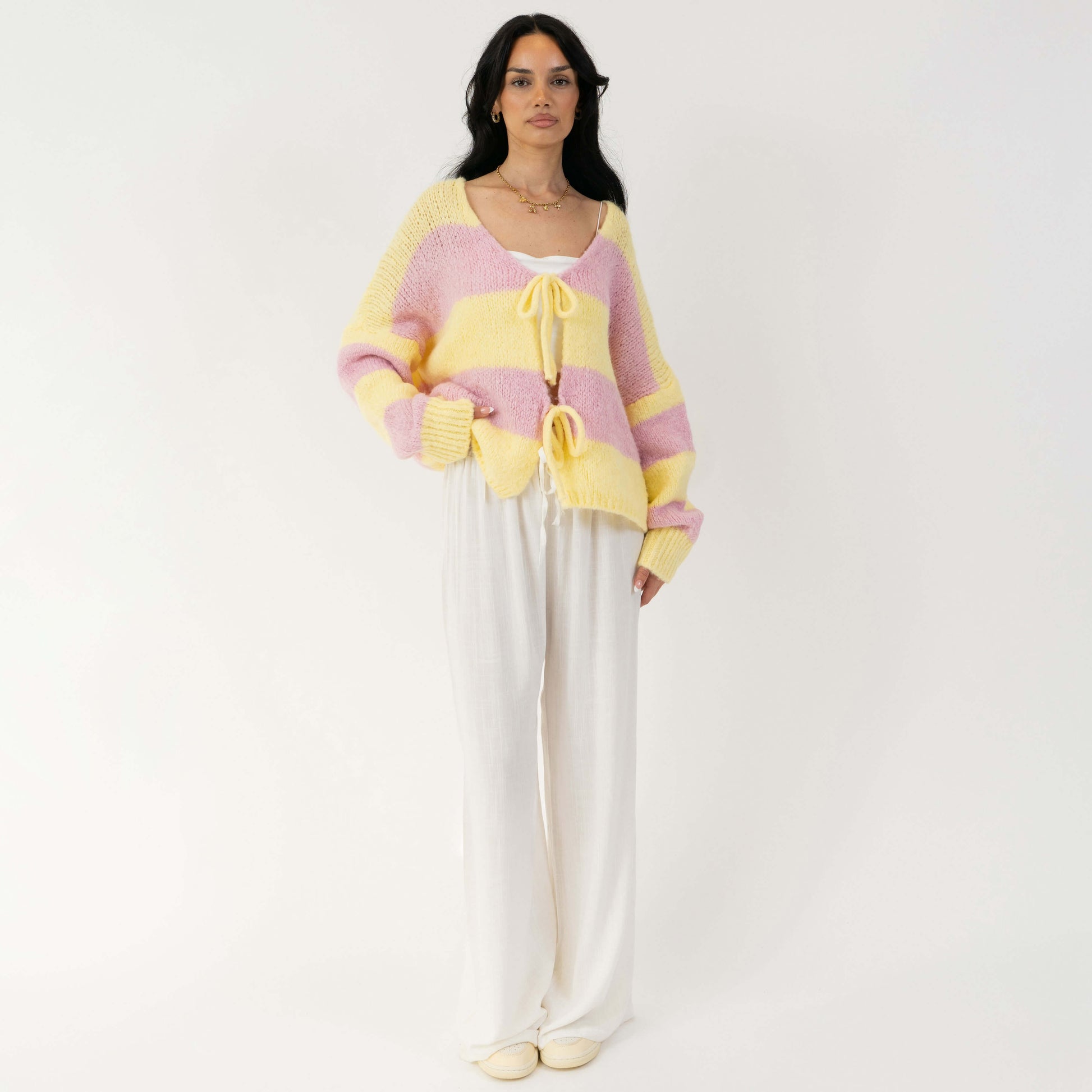 Gestreifter V-Ausschnitt Schleifen Cardigan 6