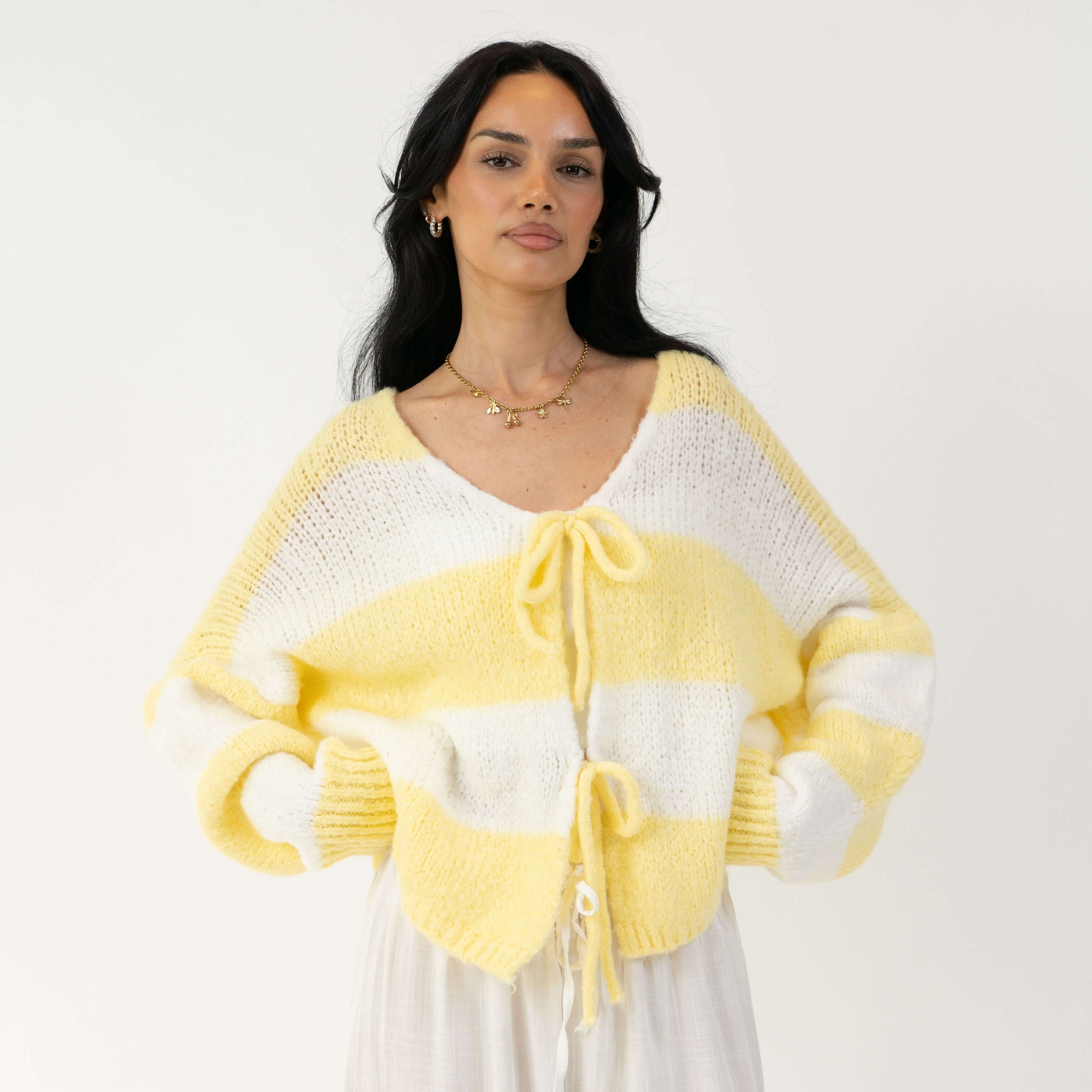 Gestreifter V-Ausschnitt Schleifen Cardigan 7