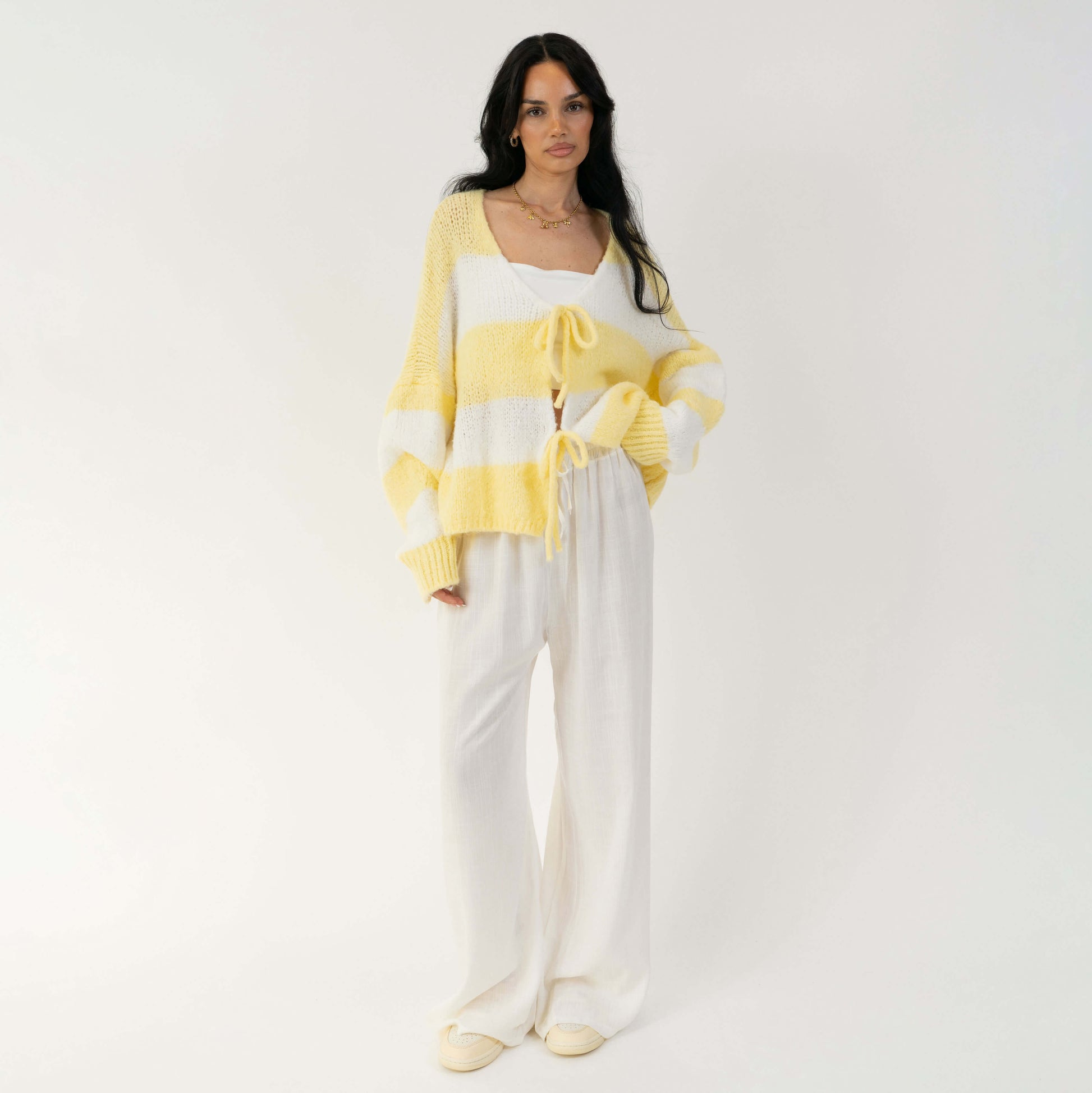 Gestreifter V-Ausschnitt Schleifen Cardigan 8