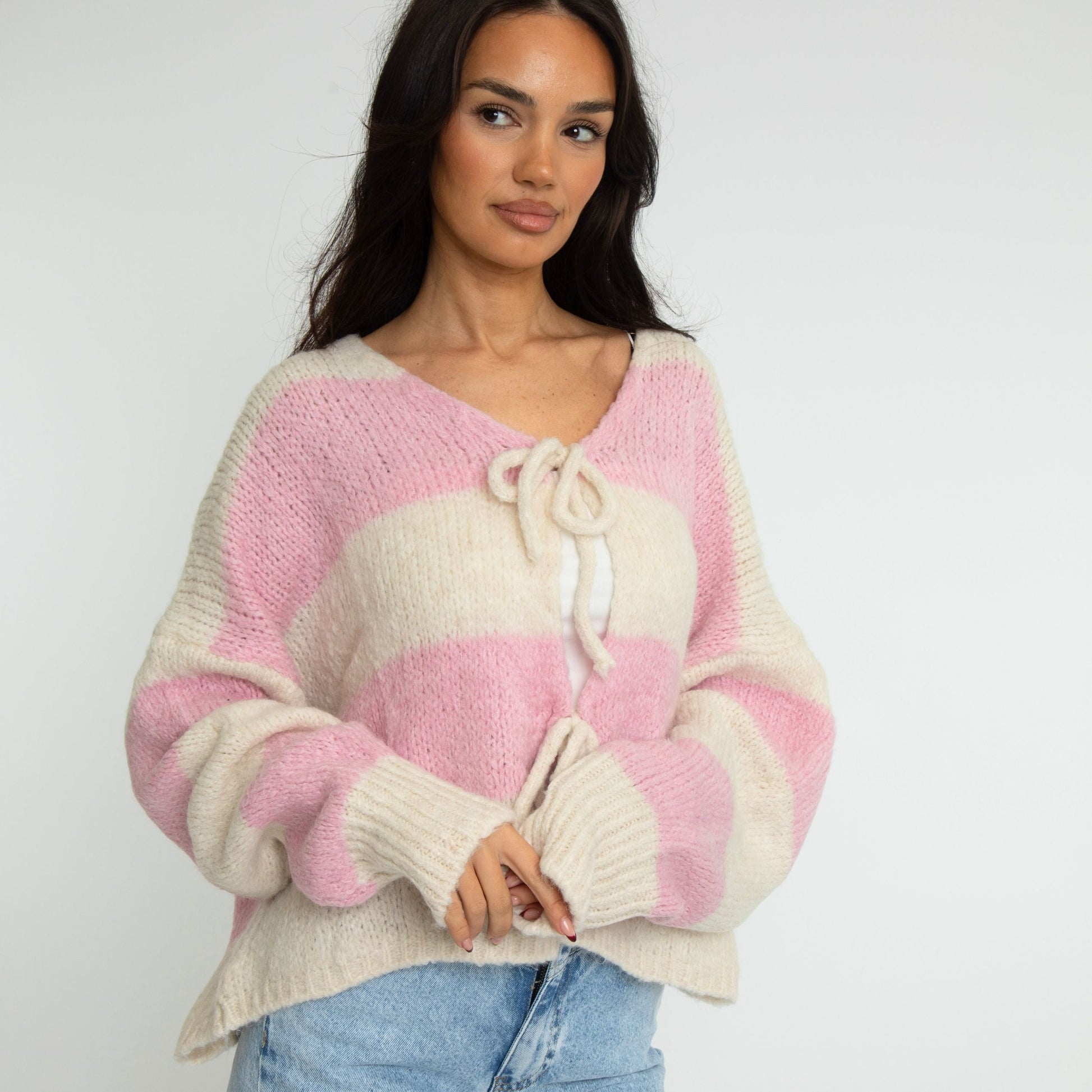 Gestreifter V-Ausschnitt Schleifen Cardigan 9