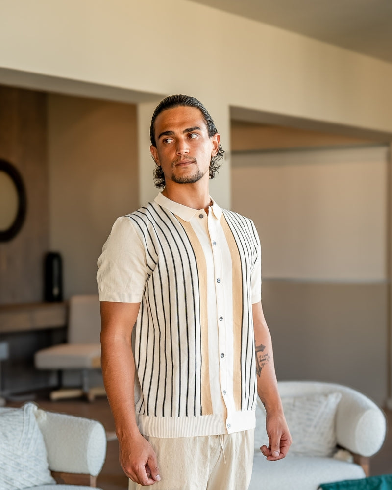 Herren Polo Shirt Beige Größe M 100% Baumwolle Atemberaubendes Strickdesign-2