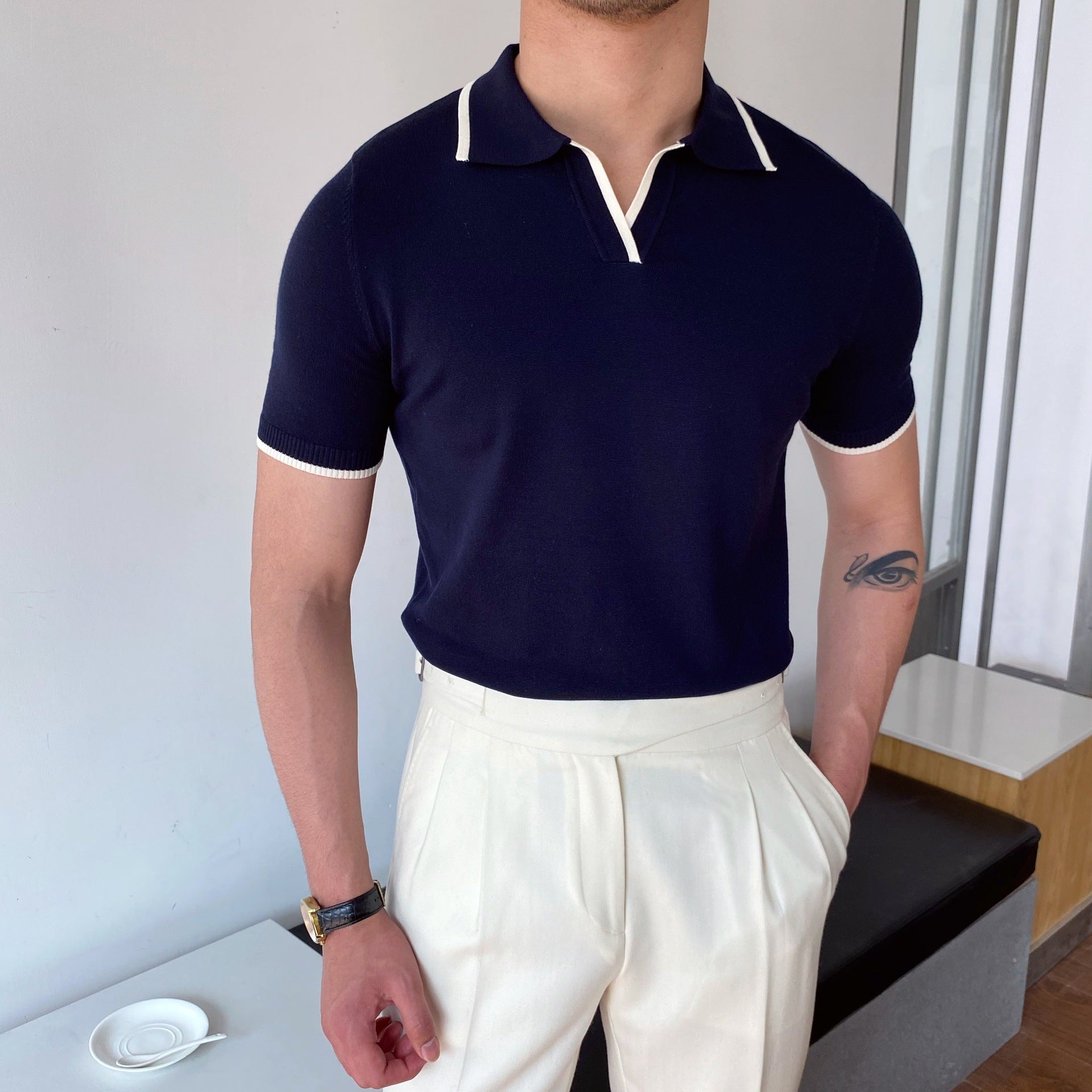 Variant image for Herren Polo Shirt Schwarz Größe M Baumwolle Kontrastkragen-6