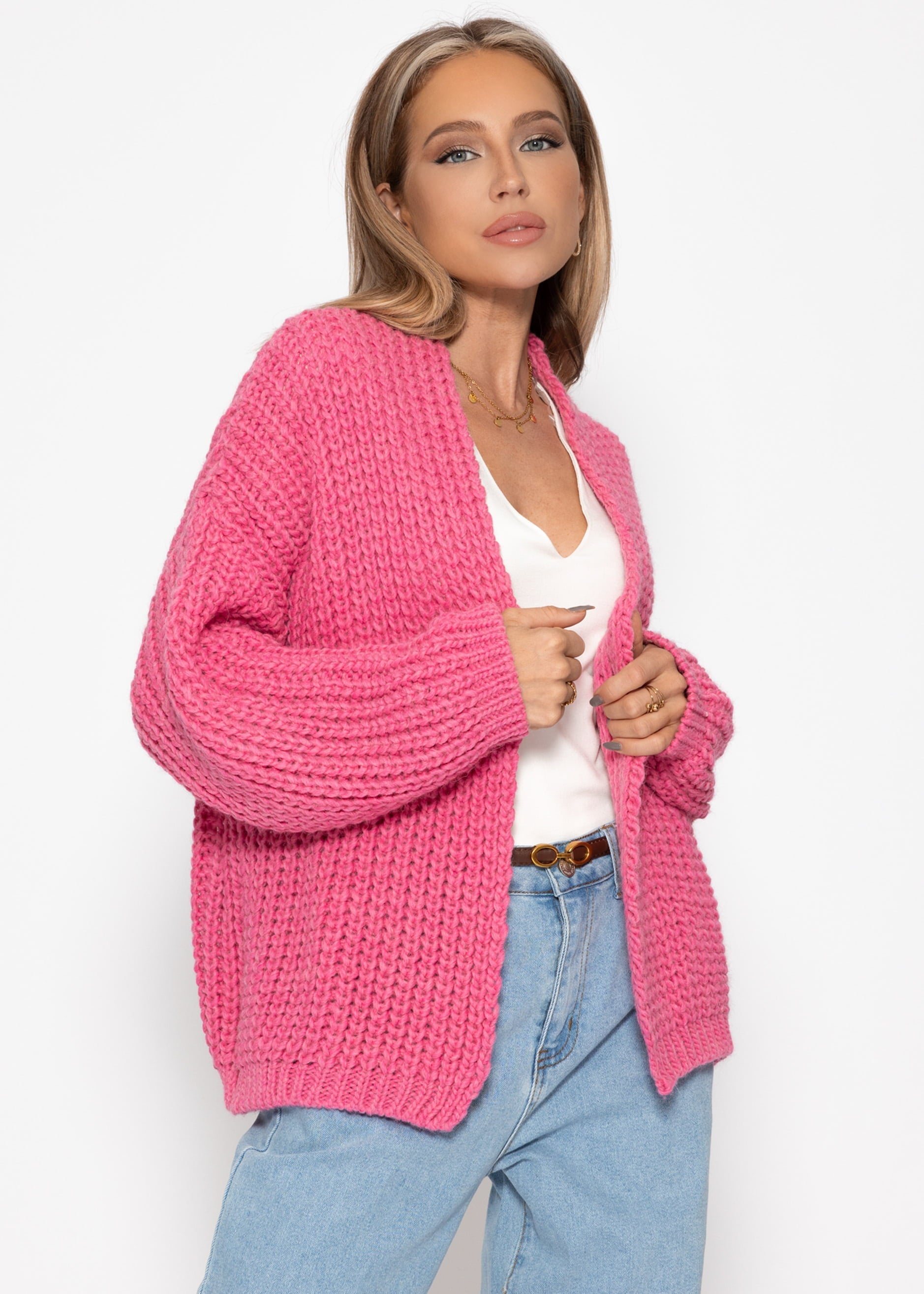 Offener Grobstrick-Cardigan - pink 4