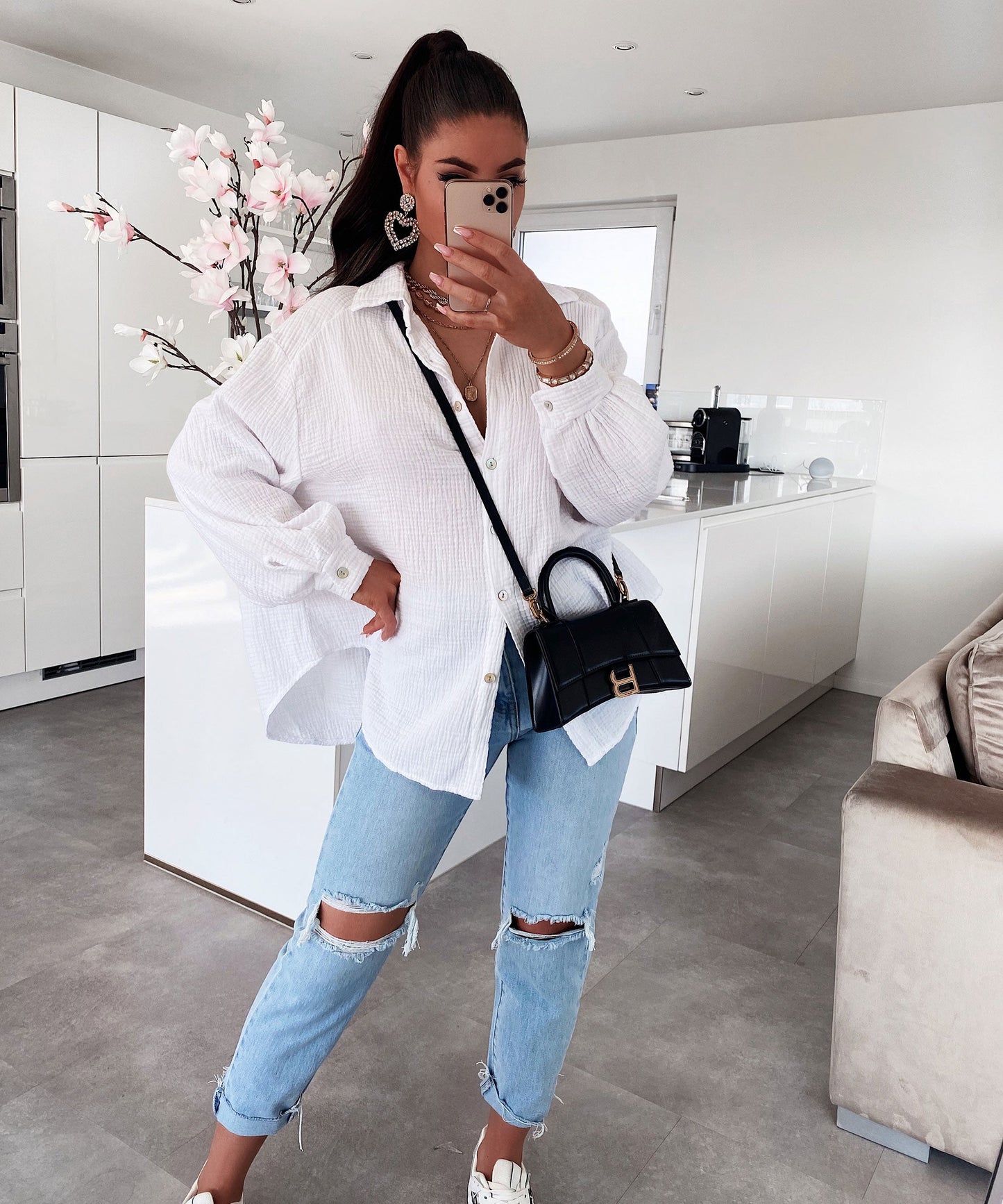 Oversize Musselin Bluse Freya Weiß Kurz 1