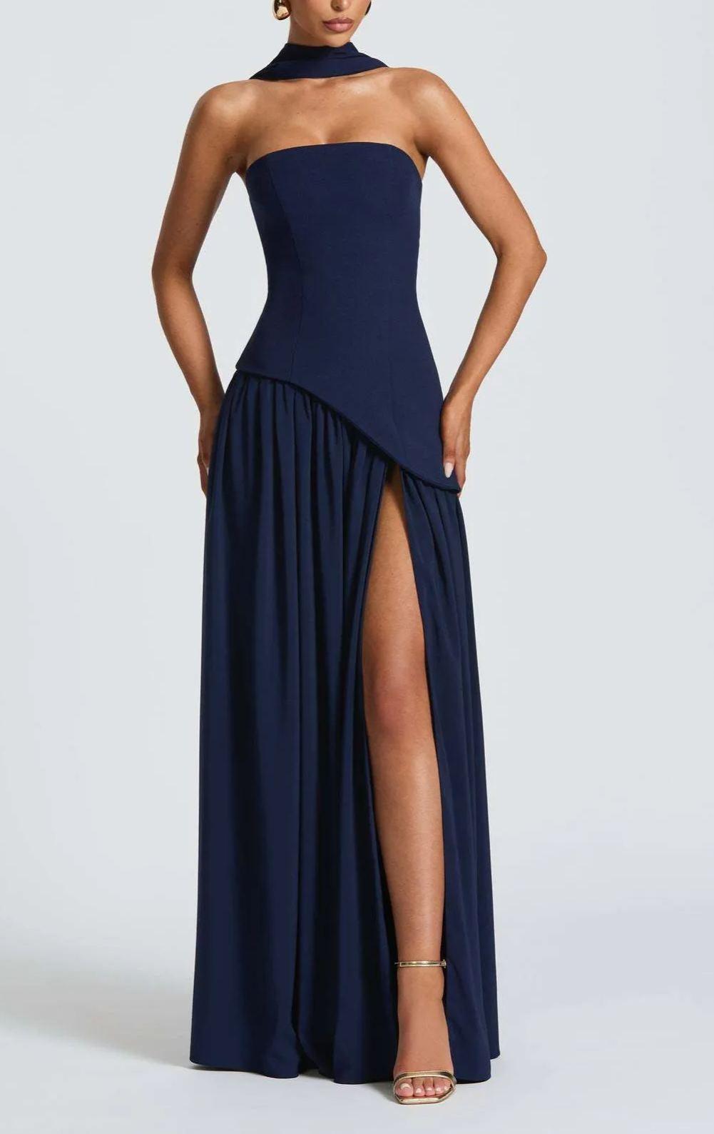 Trägerloses Maxikleid mit Schlitz und Schleife 4