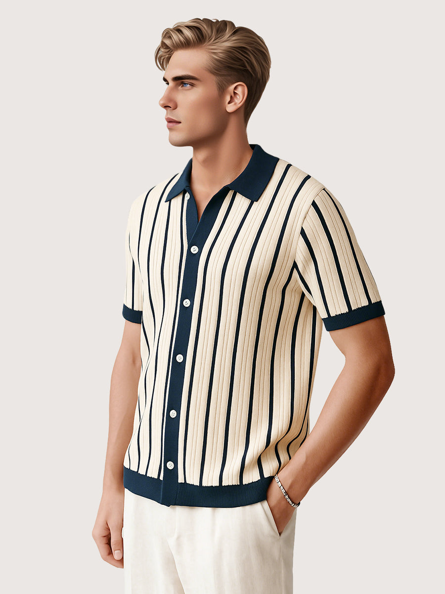 Kurzarm Strickpolo Weiß Gestreift – Sommerliches Retro Herrenpolo