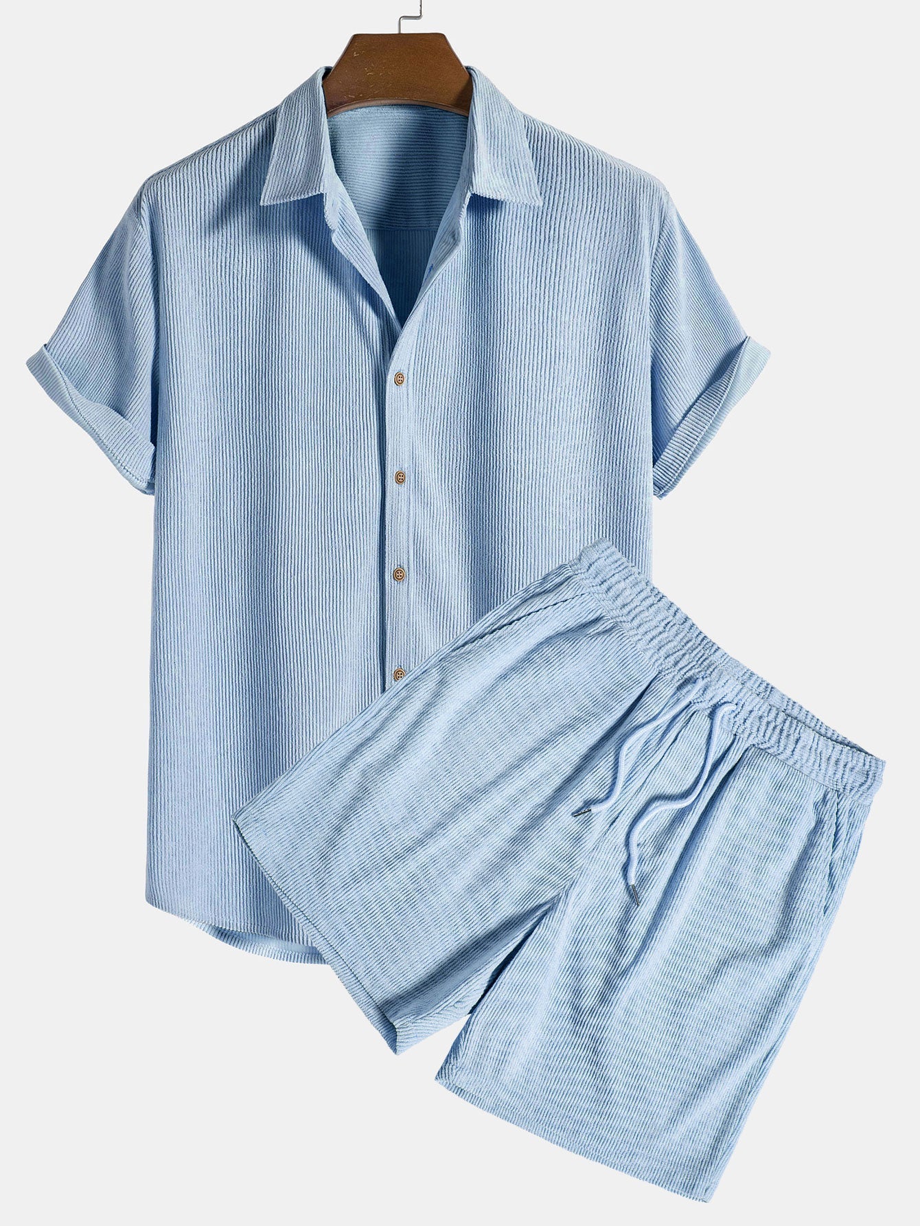 Herren Kurzarmhemd und Shorts Set Blau Größe M Baumwolle-4