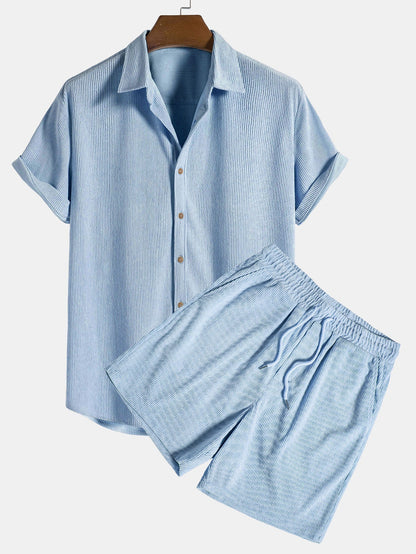 Herren Kurzarmhemd und Shorts Set Blau Größe M Baumwolle-4