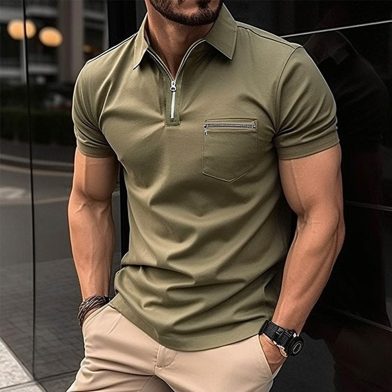 Herren Polo Shirt Schwarz Größe M Baumwolle mit Reißverschluss und Brusttasche-2