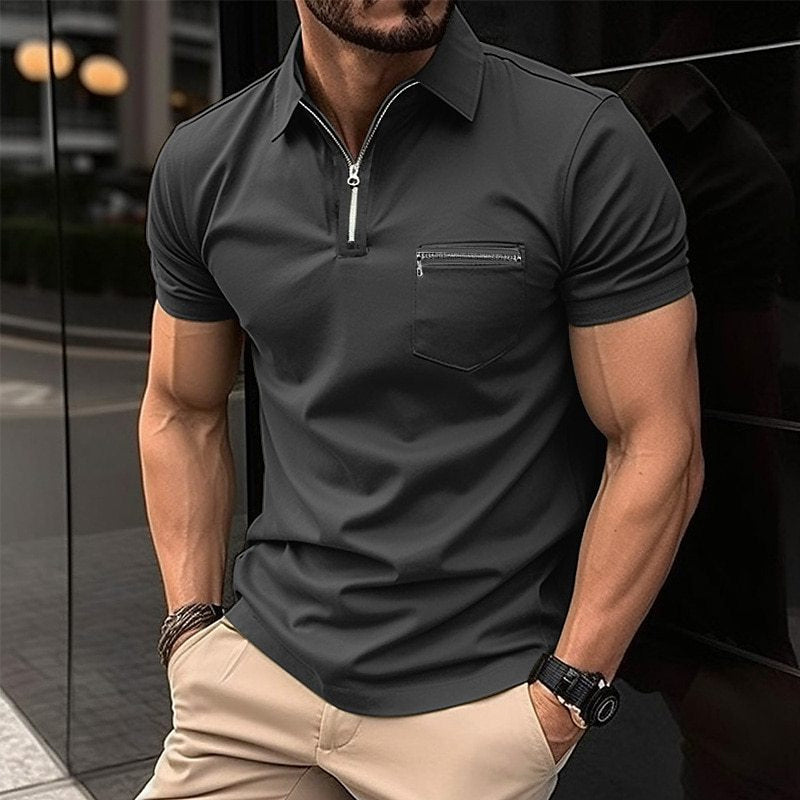 Herren Polo Shirt Schwarz Größe M Baumwolle mit Reißverschluss und Brusttasche-1