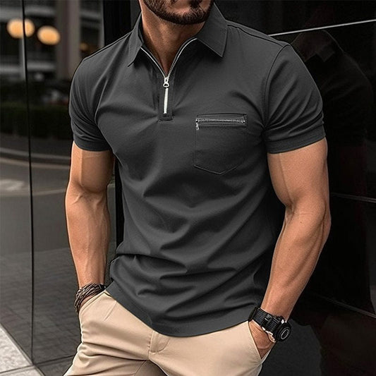 Herren Polo Shirt Schwarz Größe M Baumwolle mit Reißverschluss und Brusttasche-1