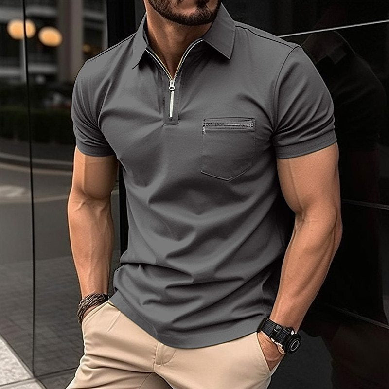 Herren Polo Shirt Schwarz Größe M Baumwolle mit Reißverschluss und Brusttasche-4