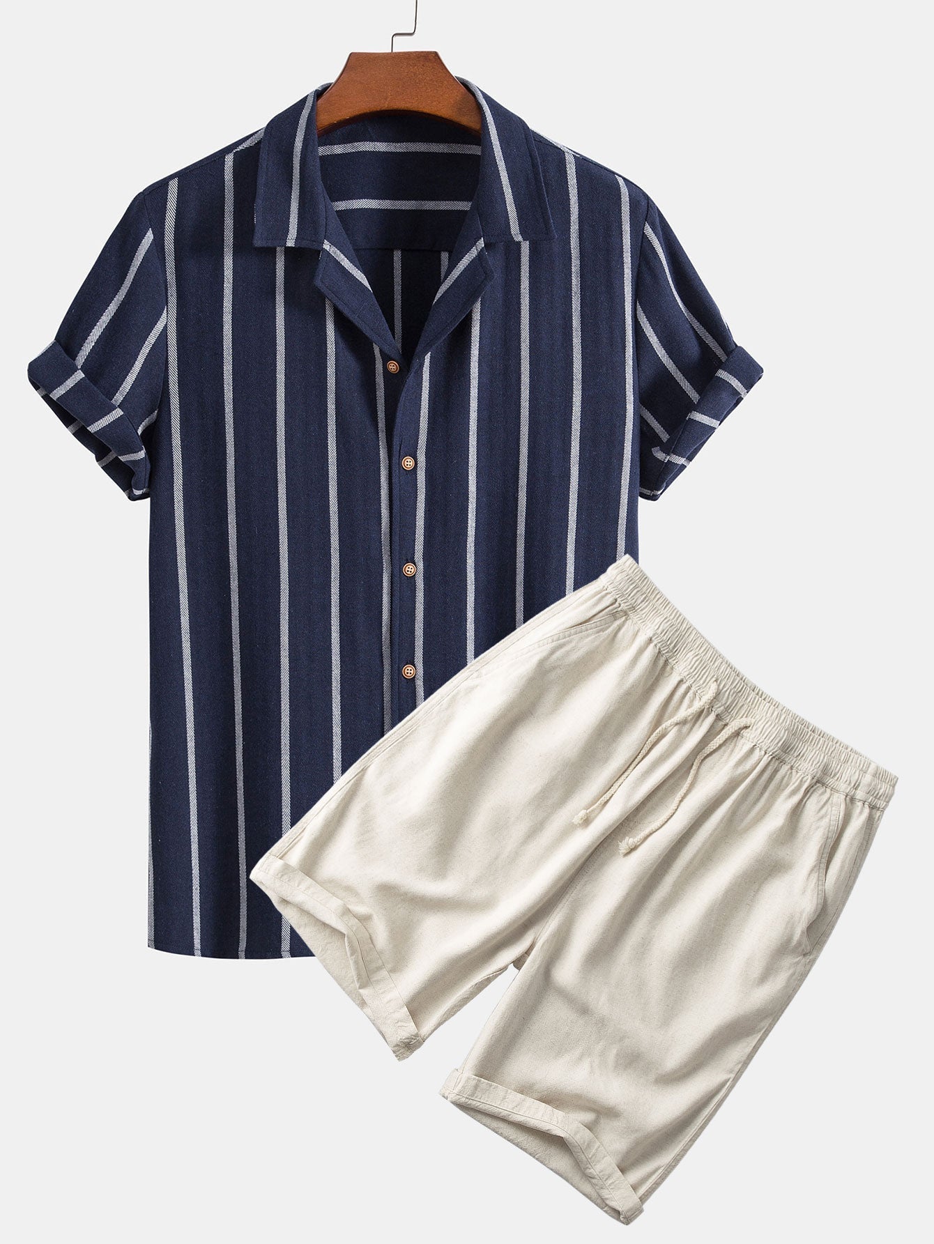 Herren Kurzarmhemd und Shorts Set Blau Größe M Baumwolle-1
