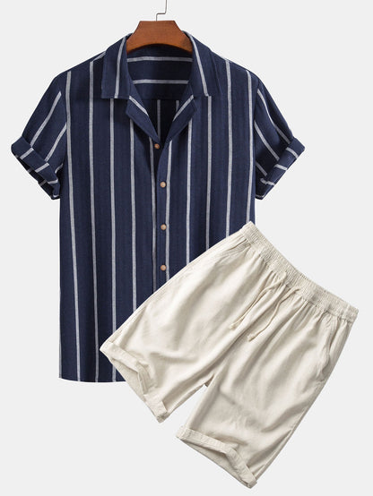 Herren Kurzarmhemd und Shorts Set Blau Größe M Baumwolle-1