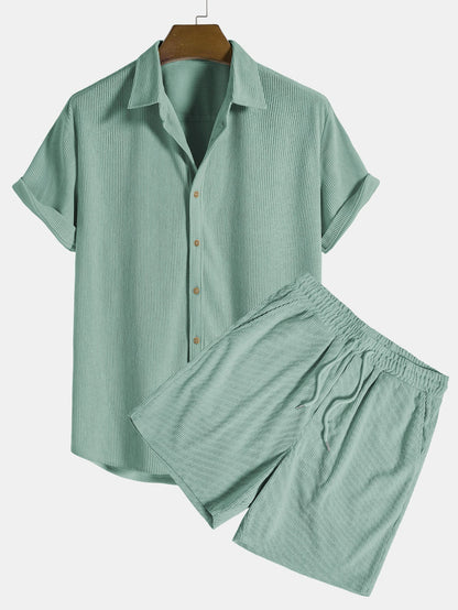 Herren Kurzarmhemd und Shorts Set Blau Größe M Baumwolle-3
