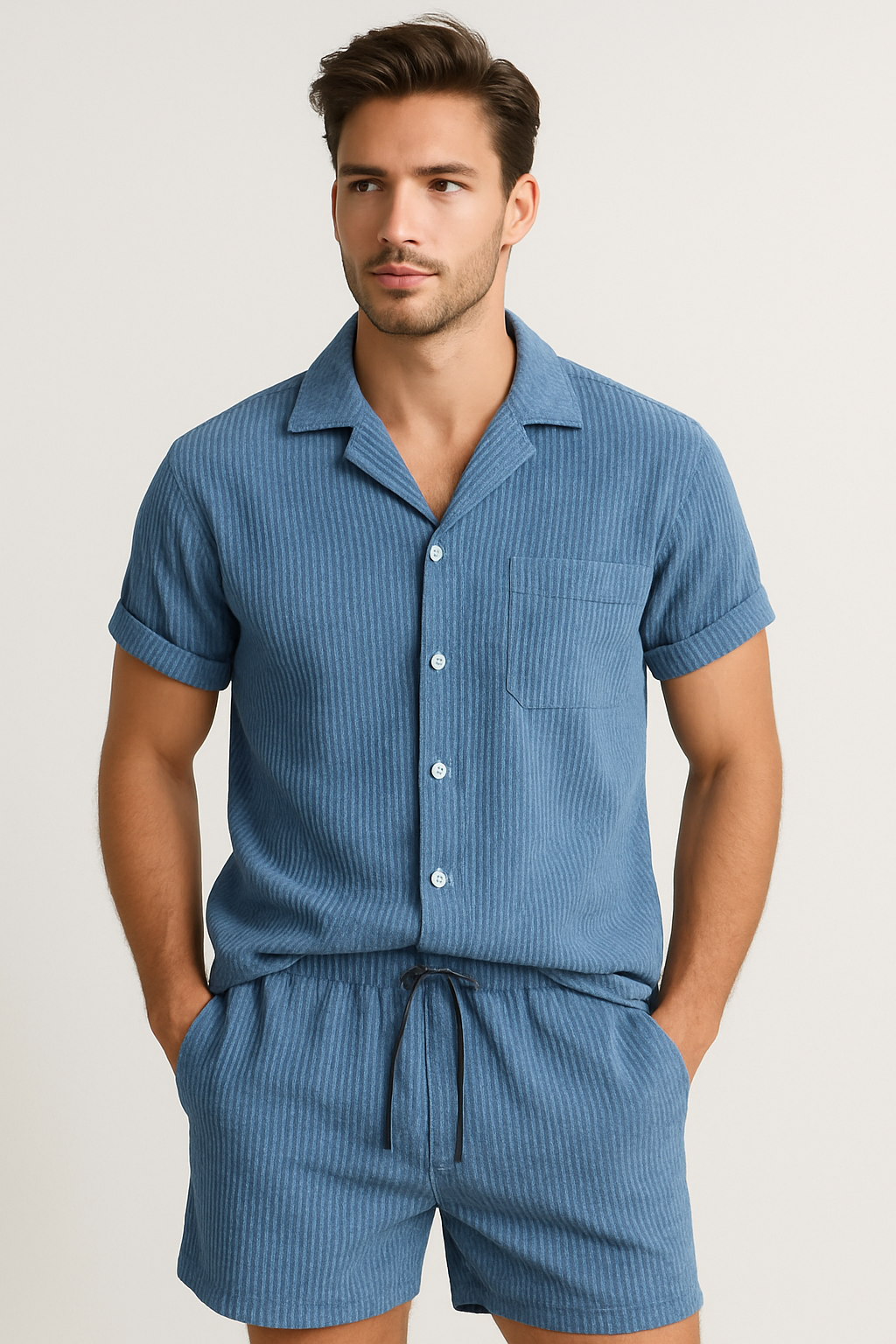Herren Cordhemd und Shorts Set Baumwolle und Leinen