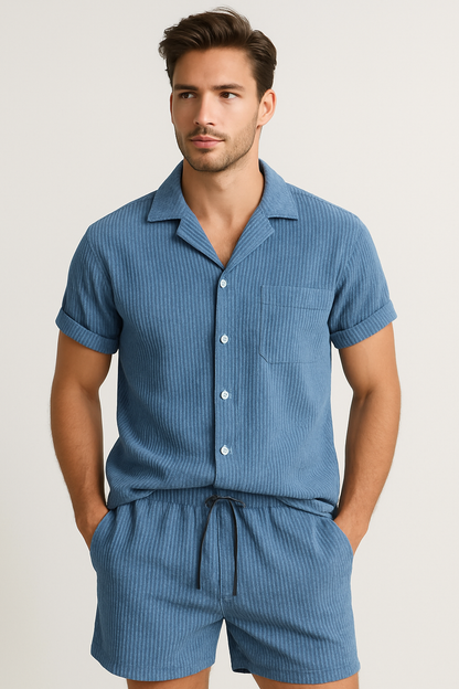 Herren Cordhemd und Shorts Set Baumwolle und Leinen