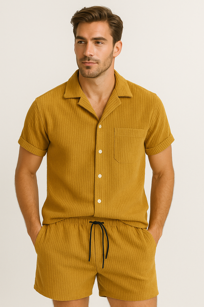 Herren Cordhemd und Shorts Set Baumwolle und Leinen