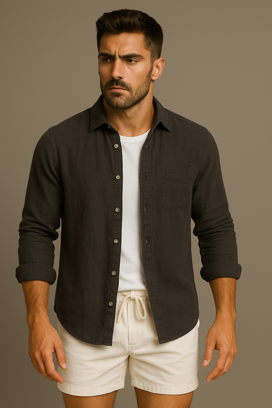Marco Herren Langarmhemd Leinen Button-Down Kragen Atmungsaktiv Klassischer Schnitt