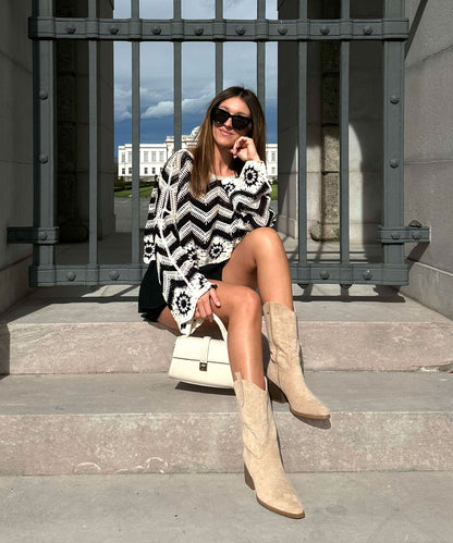 Damen Cowboy Stiefel Beige – Midi Western Boots