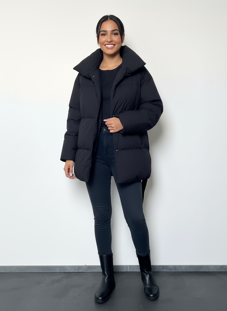 Schwarze kurze Steppjacke mit Taillengürtel – Zeitloses Design