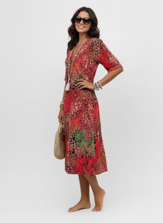 Damen Midi Kleid - Weiches Kleid mit V-Ausschnitt für Alltag und Freizeit