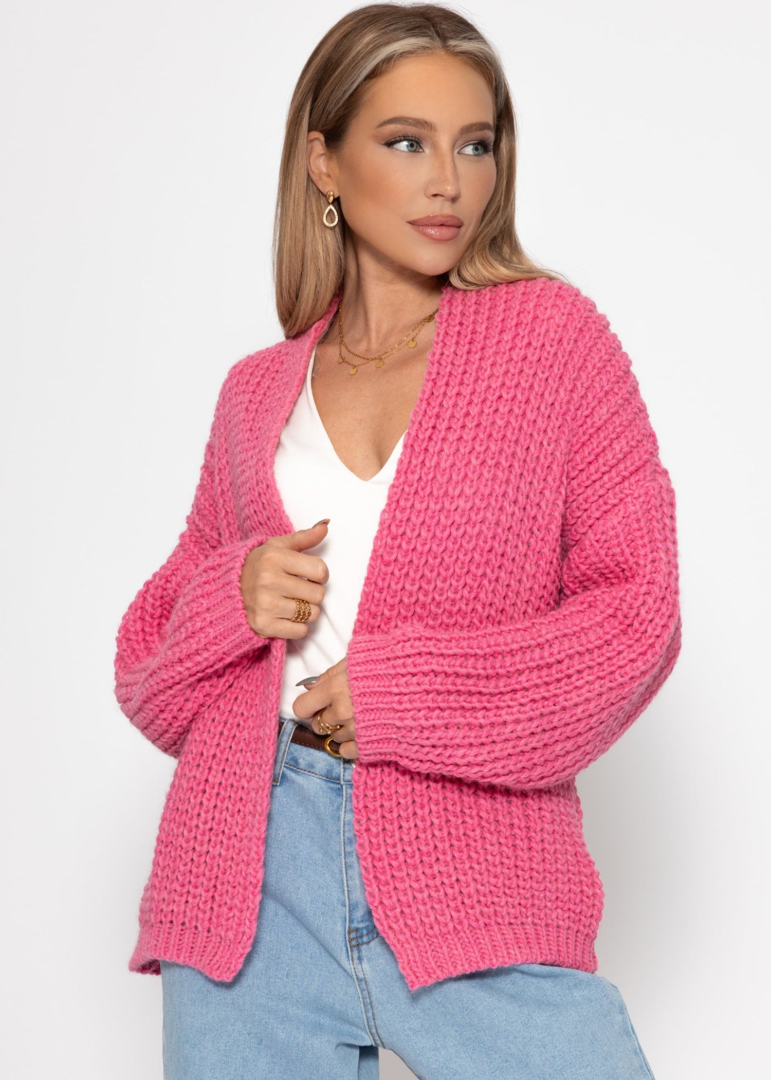 Offener Grobstrick-Cardigan - pink 0