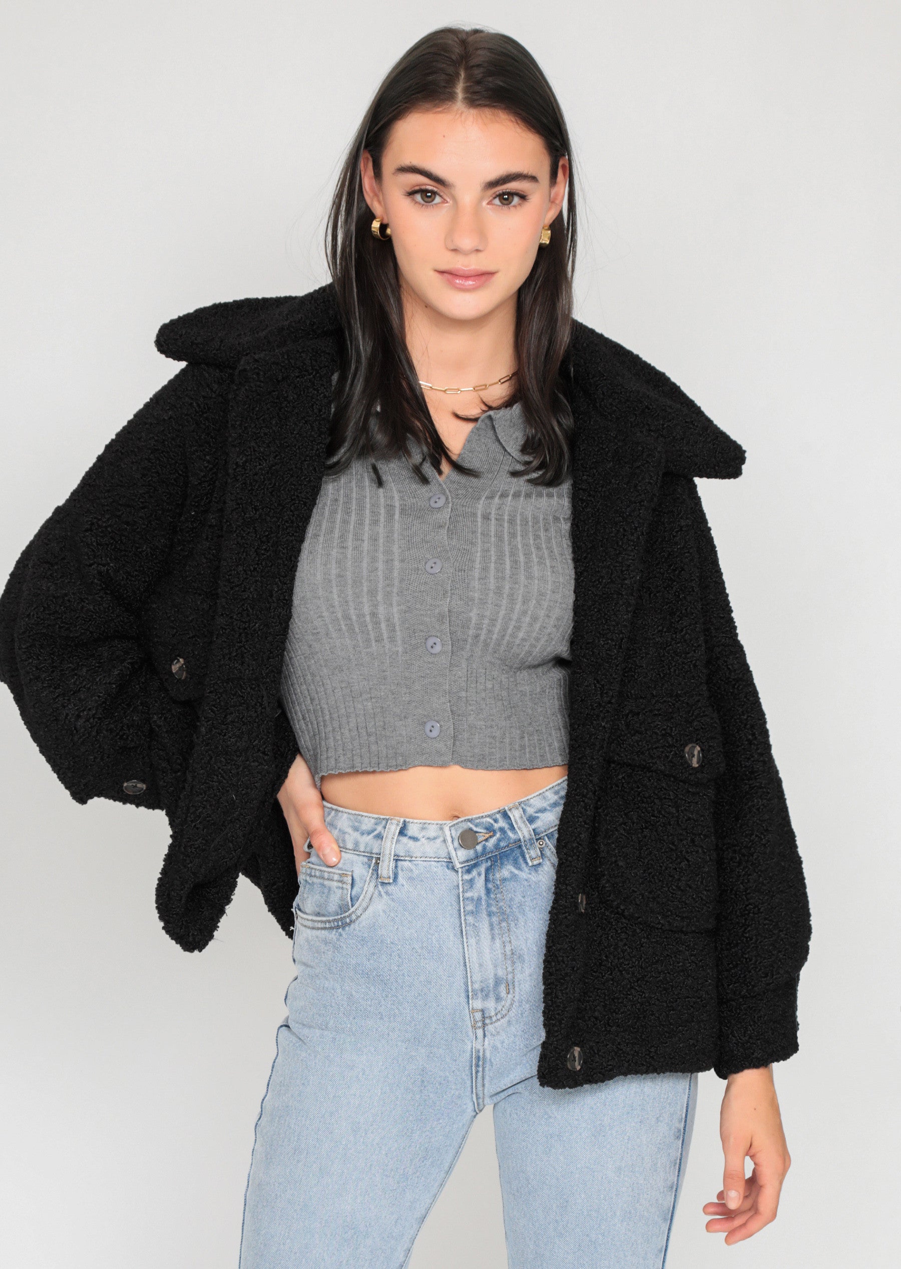 Oversize-Jacke aus Teddyfell in Schwarz 3