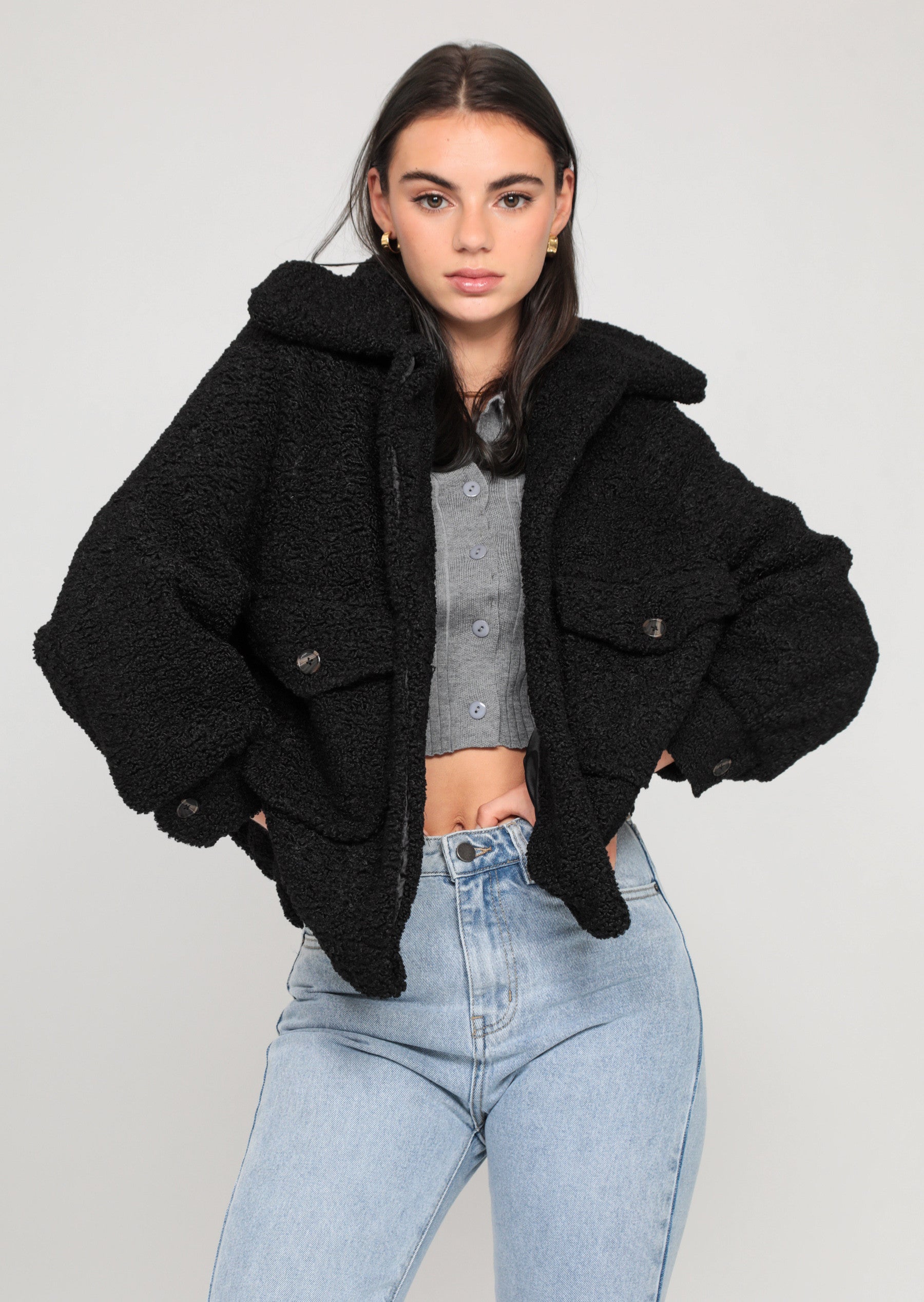 Oversize-Jacke aus Teddyfell in Schwarz 5