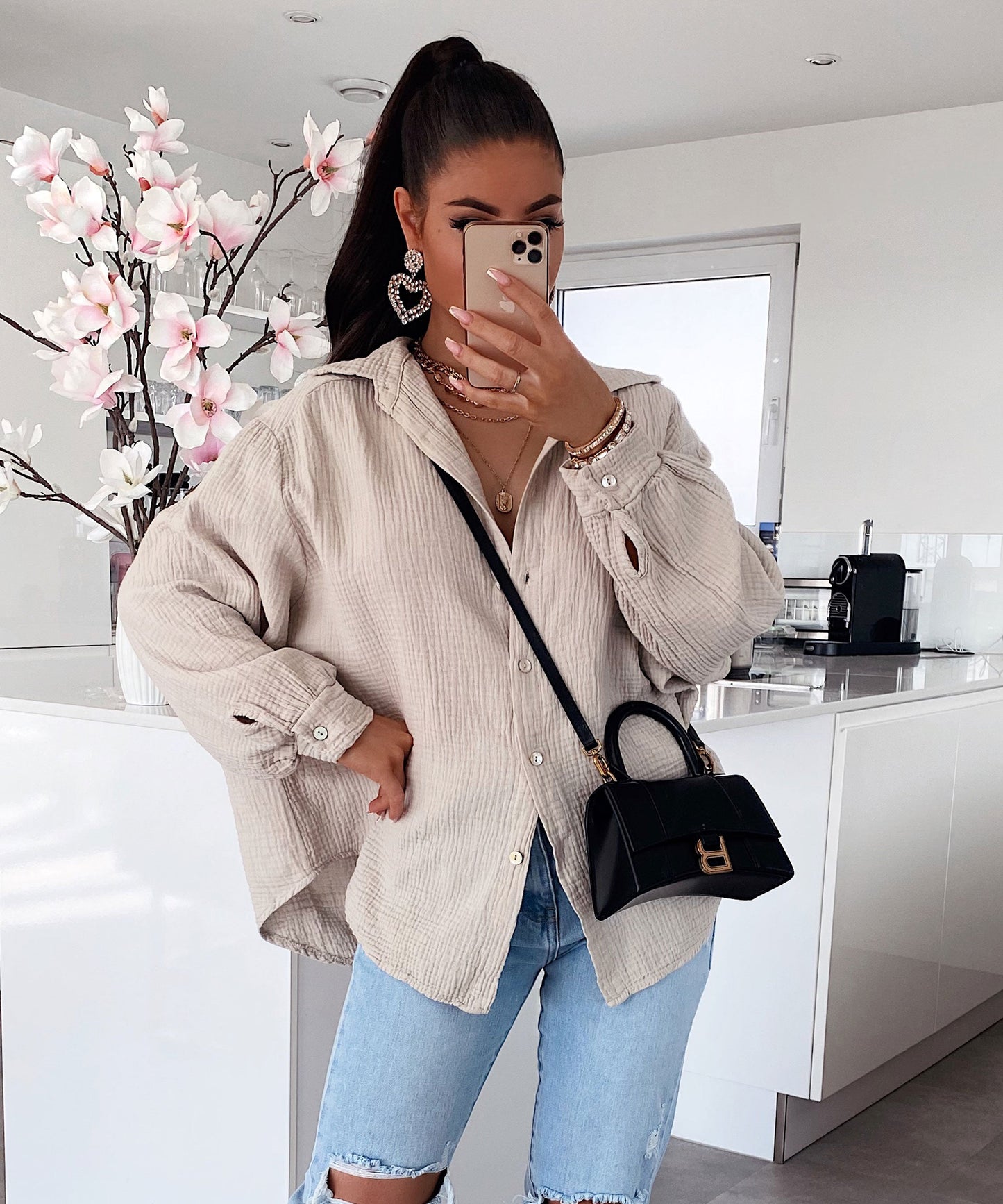 Oversize Musselin Bluse Freya Beige Kurz 0