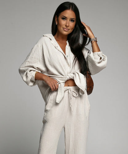 Oversize Musselin Bluse Freya Beige Kurz 4