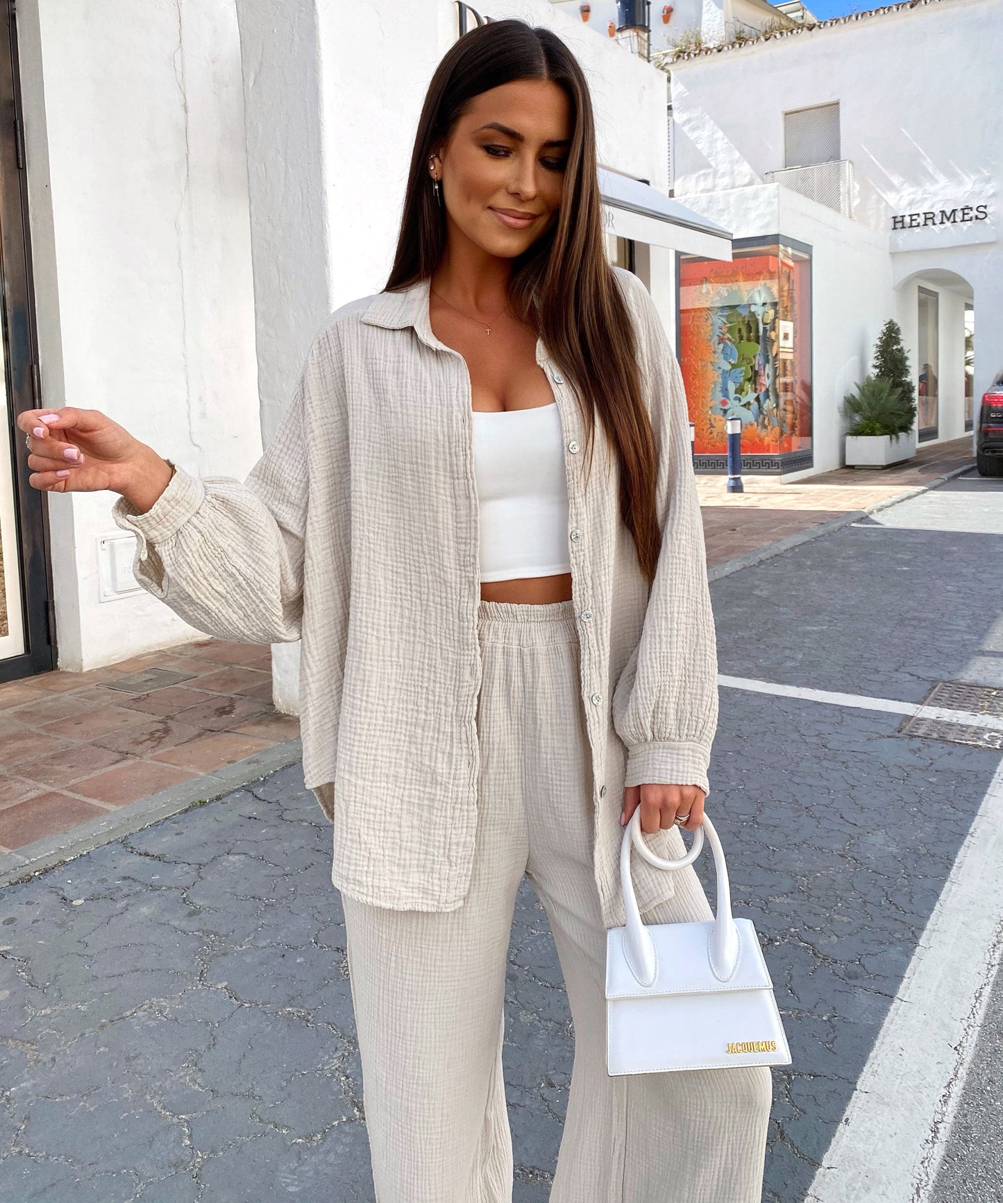 Oversize Musselin Bluse Freya Beige Kurz 5