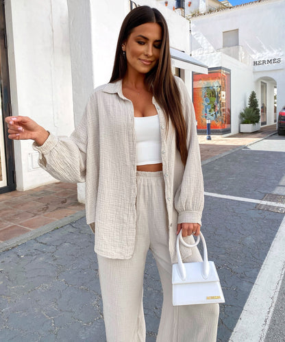 Oversize Musselin Bluse Freya Beige Kurz 5