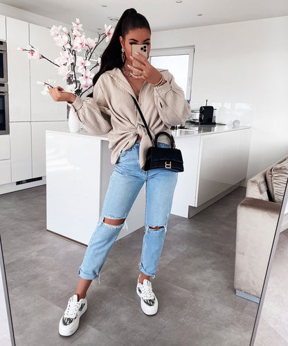 Oversize Musselin Bluse Freya Beige Kurz 6