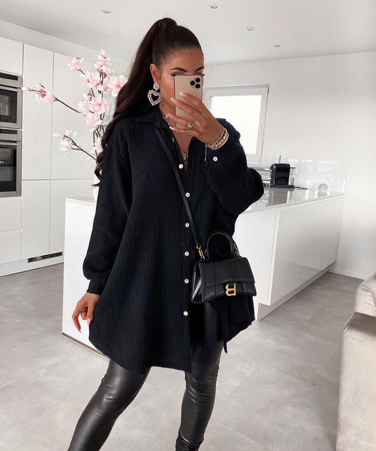 Oversize Musselin Bluse Freya Schwarz Lang 0