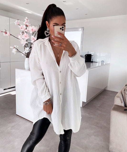 Oversize Musselin Bluse Freya Weiß Lang 0