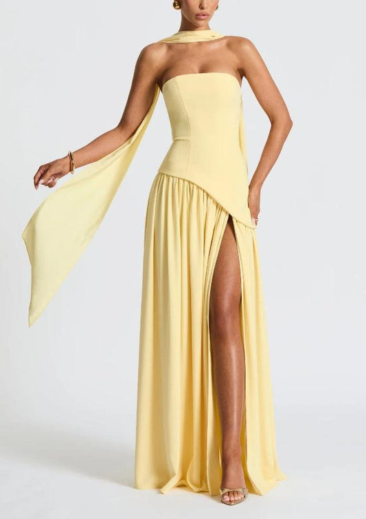 Trägerloses Maxikleid mit Schlitz und Schleife 0