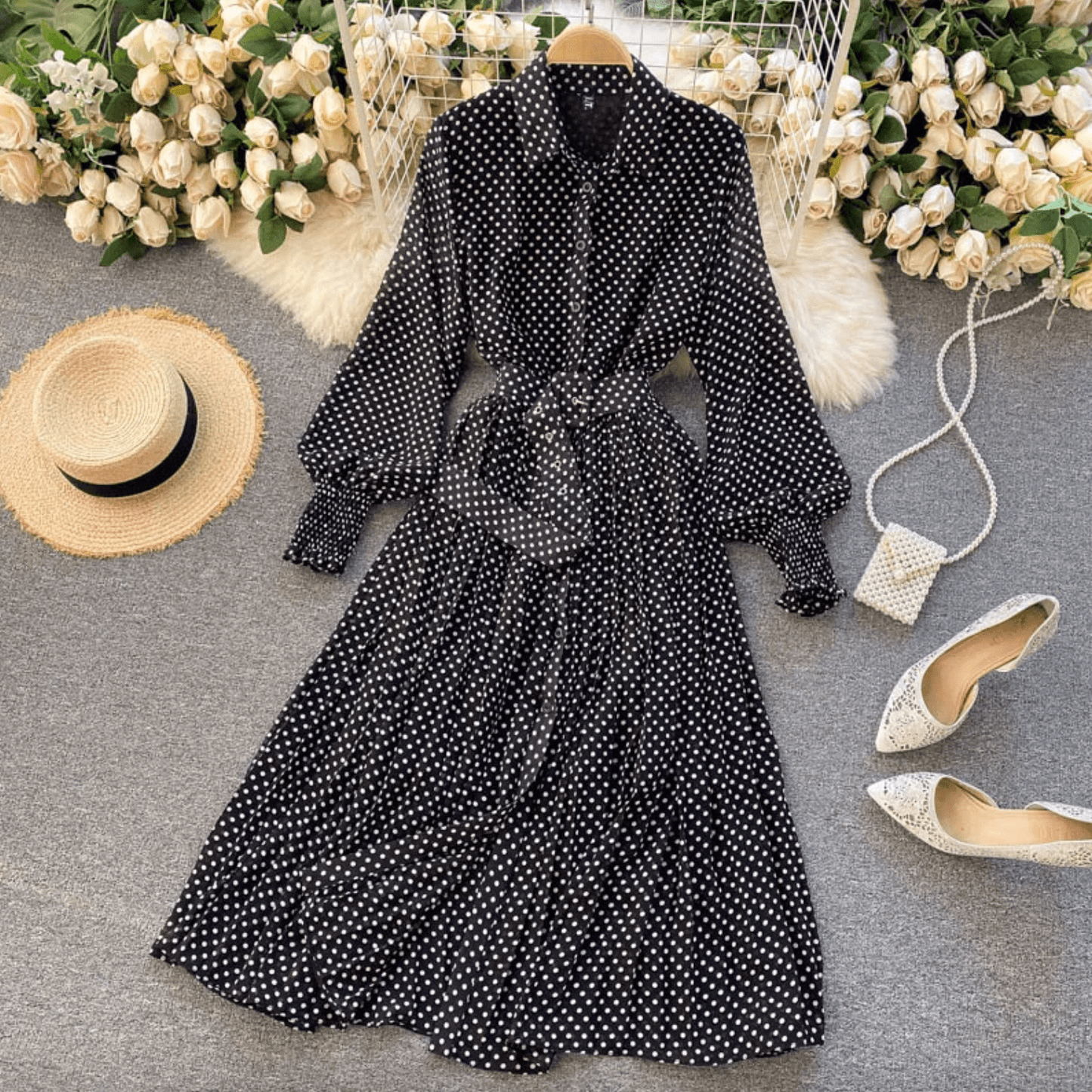 Kine Gepunktetes Kleid mit Gürtel für Sommer und Frühling