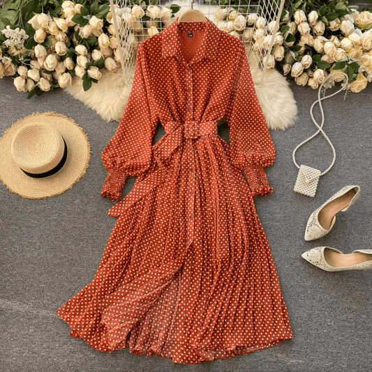 Kine Gepunktetes Kleid mit Gürtel für Sommer und Frühling