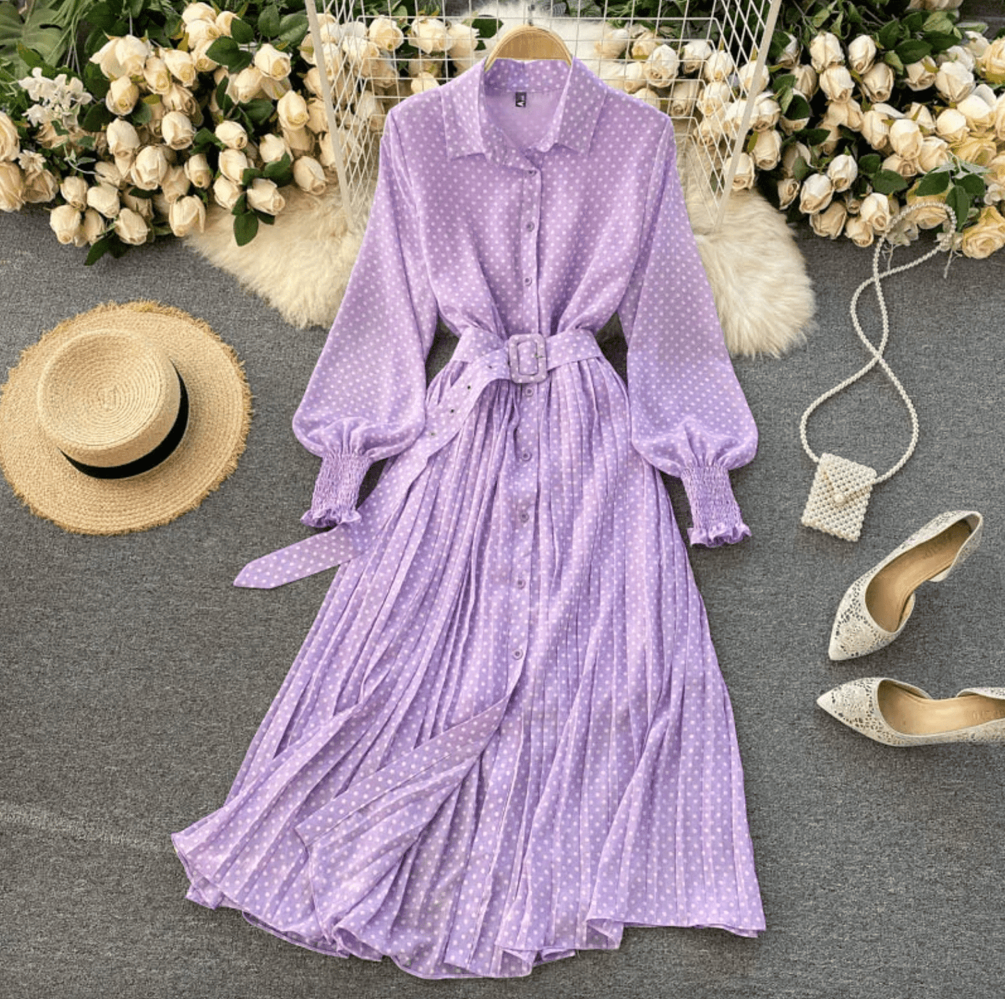 Kine Gepunktetes Kleid mit Gürtel für Sommer und Frühling