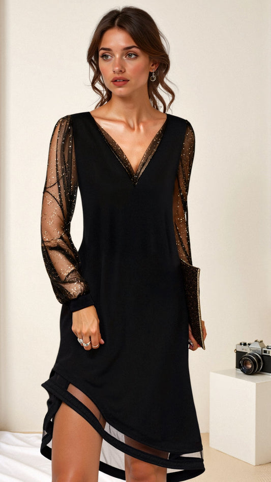 Damen Abendkleid Schwarz Größe M Polyester Mit Durchsichtigen Ärmeln für Hochzeiten und Formelle Anlässe-2