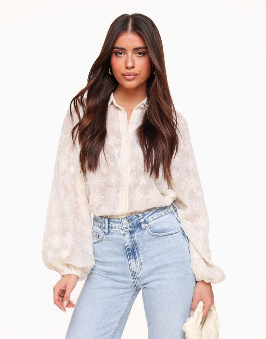Transparente Damenbluse mit Blumenmuster – Elegante Chiffon Bluse in Creme